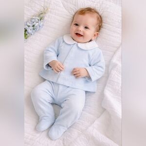 Jacadi Paris 6M Luxury Baby Blue Velour Set Footed Pants NWOT Boutique Classic